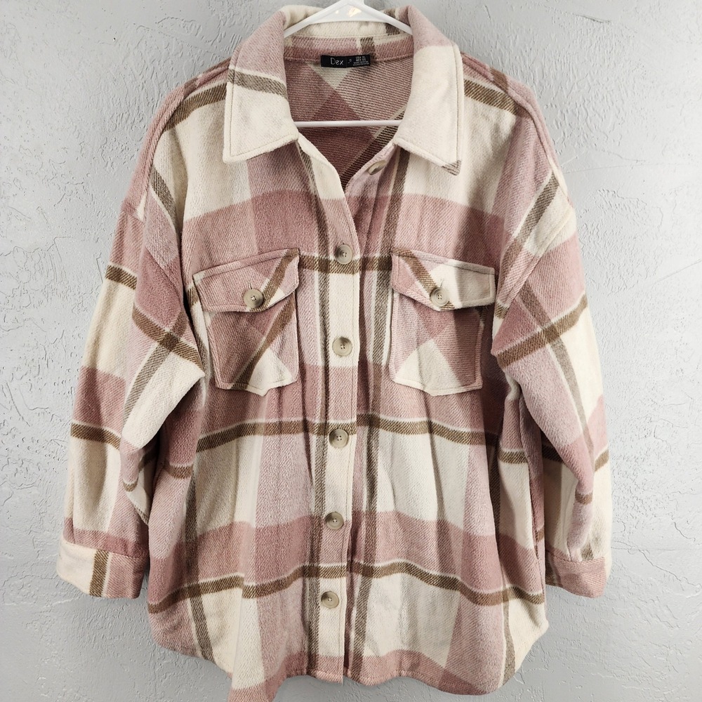Dex Pink Cream Brown Plaid Flannel Shacket Oversized Button Down Shirt Women XL